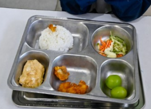 Menu sarapan sehat anak sekolah dasar dengan nasi, lauk protein, sayur, dan buah dalam porsi seimbang