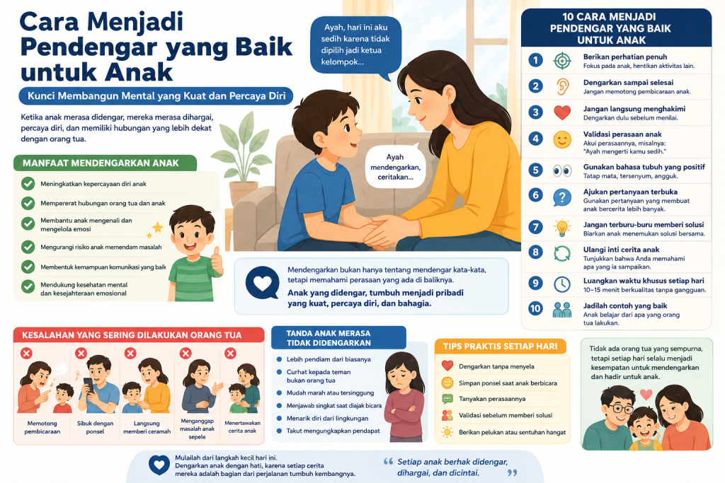 Ilustrasi cara menjadi pendengar yang baik untuk anak guna mendukung kesehatan mental dan kepercayaan diri